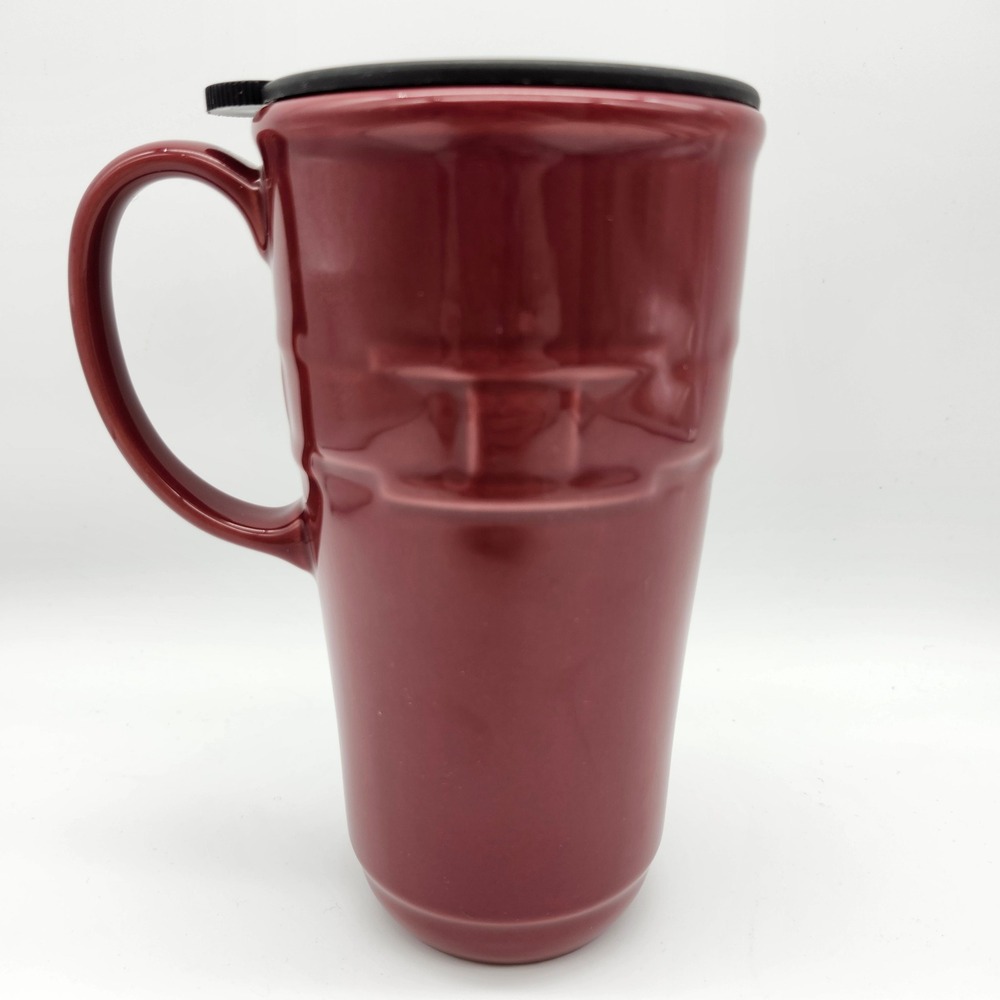 Longaberger Woven Traditions Paprika Red Ceramic Pottery Coffee Travel Mug Lid - Picture 3 of 6